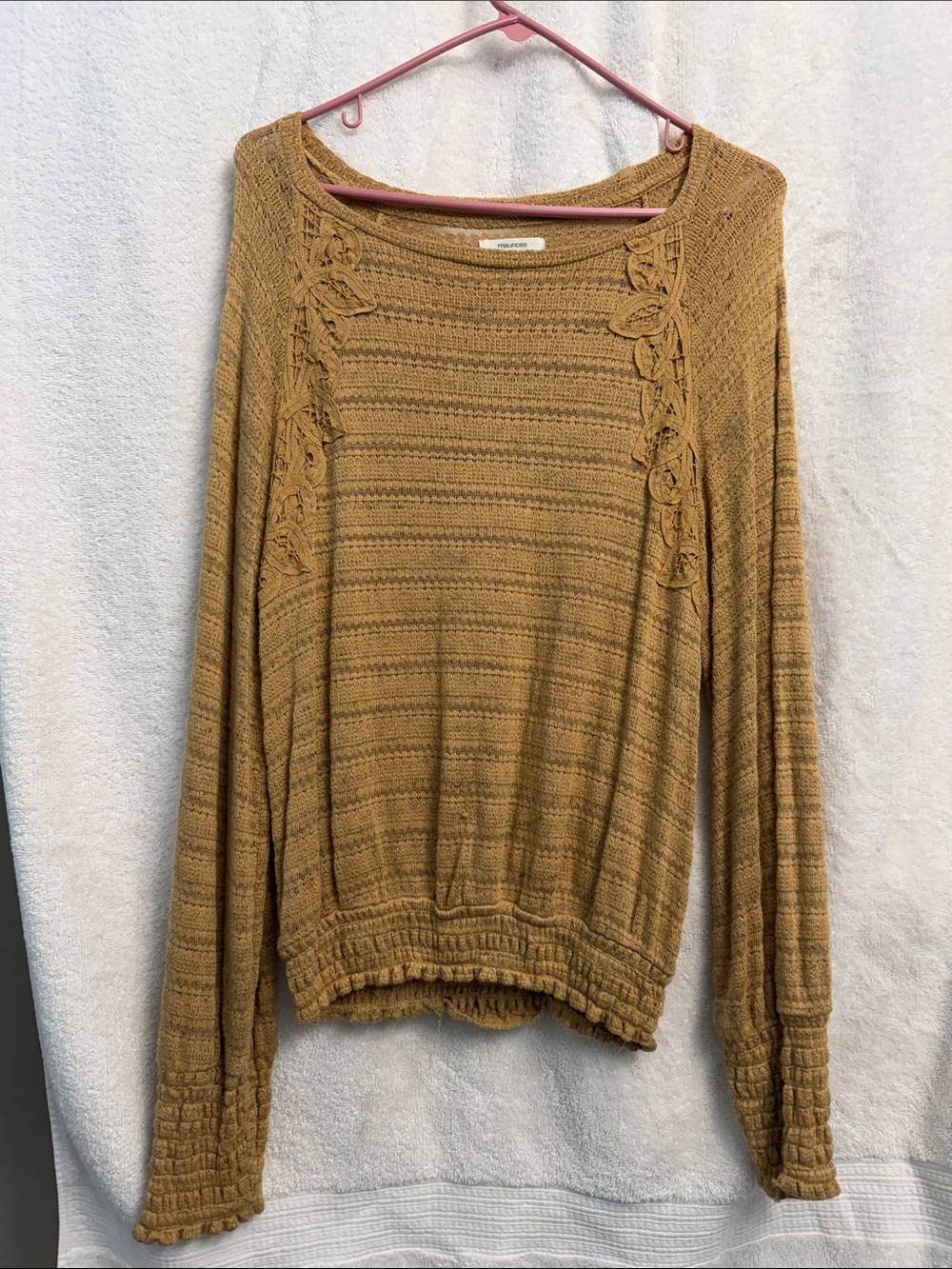 Maurices Mustard Crochet-Trim Lightweight Scoop-Neck Sweater